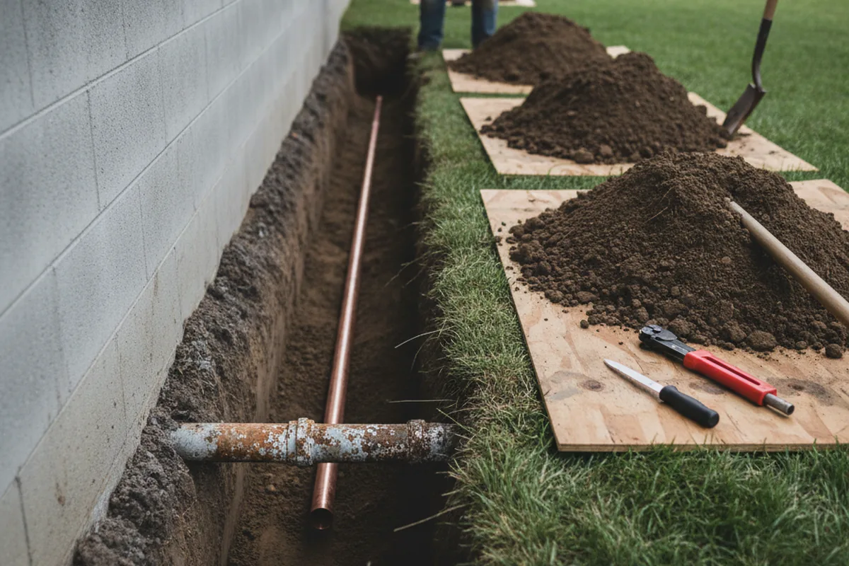 Excavated water line trench during Water Softener Installation in Chestertown